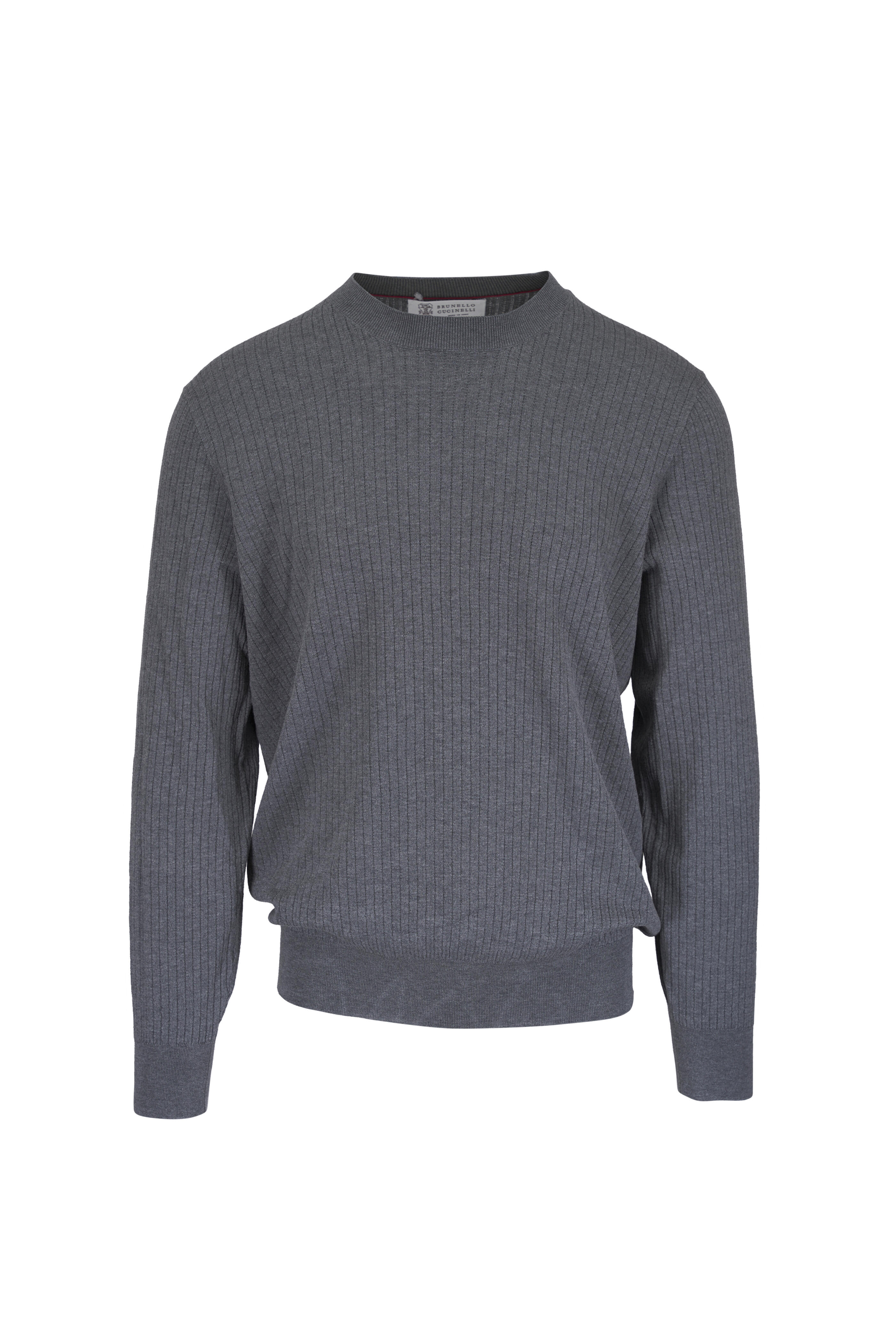 Brunello Cucinelli - Dark Gray Cotton Crewneck Ribbed Sweater