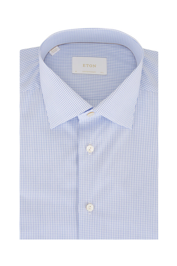 Eton Blue Check Cotton Contemporary Fit Dress Shirt