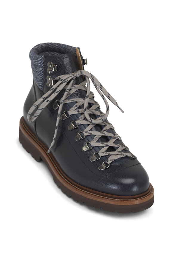 Brunello Cucinelli Alpine Navy Leather Lace-Up Hiker Boot