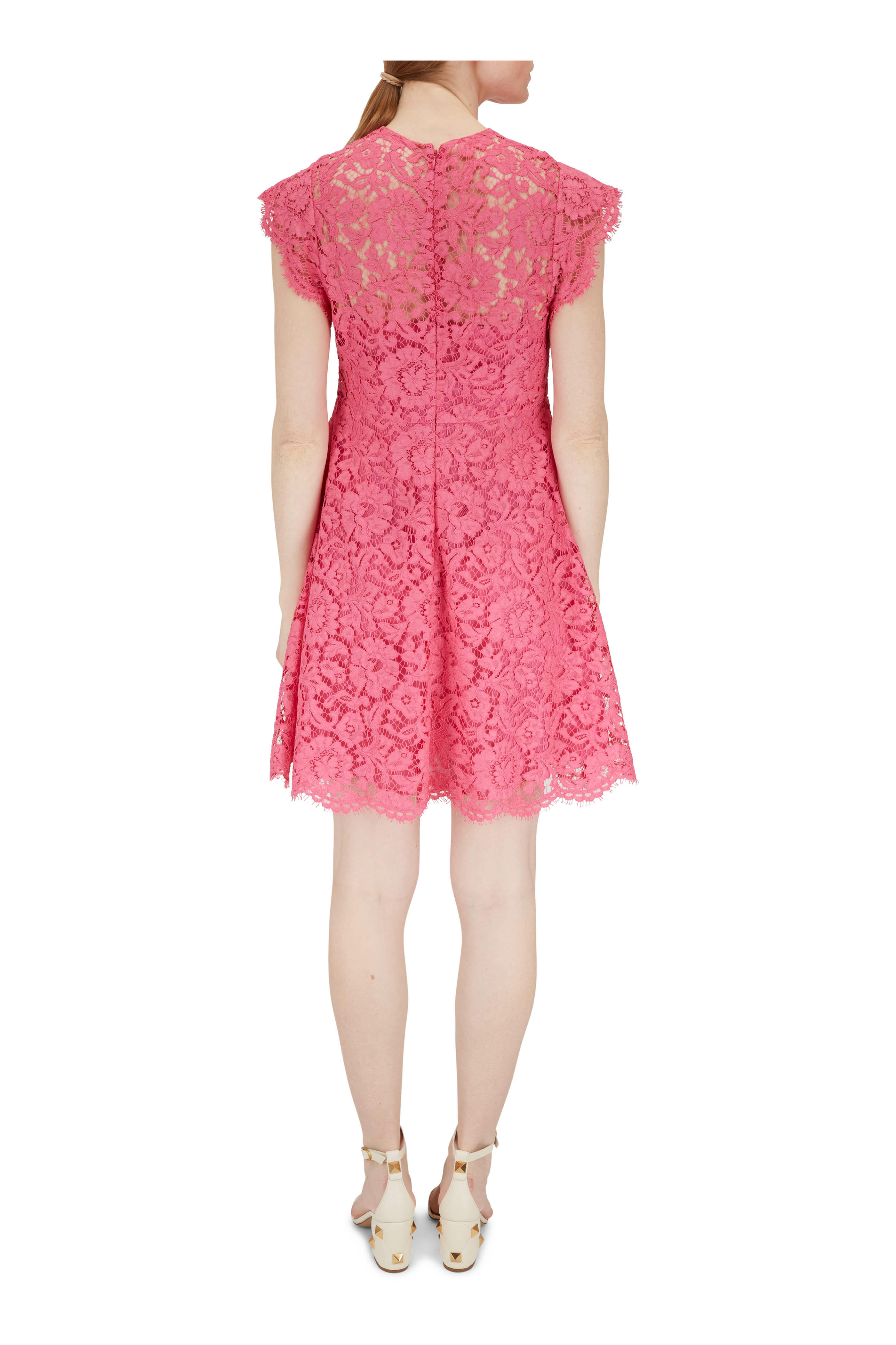 Valentino - Pink Heavy Lace Cap Sleeve Dress