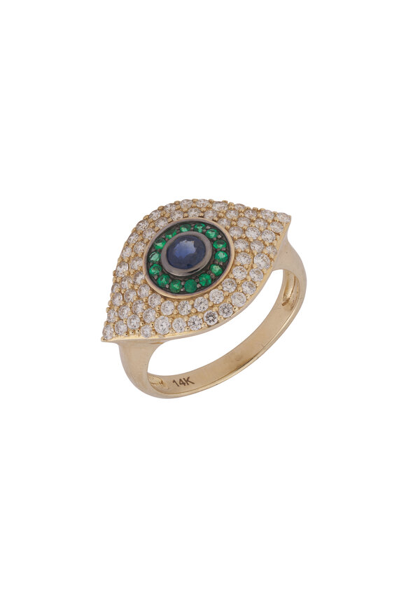 Kai Linz 14k Yellow Gold Diamond Emerald Blue Sapphire Ring