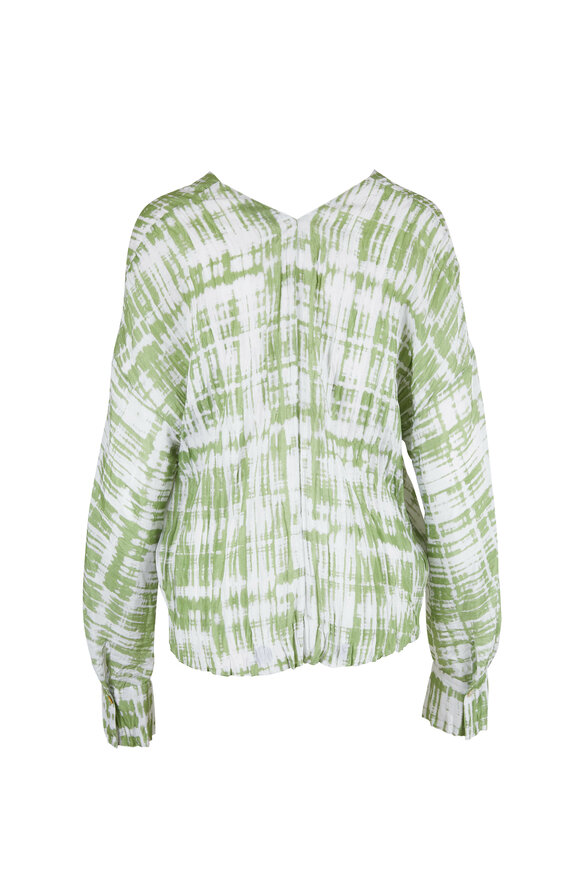 Vince - Green Tie-Dye Silk Double V-Neck Blouse