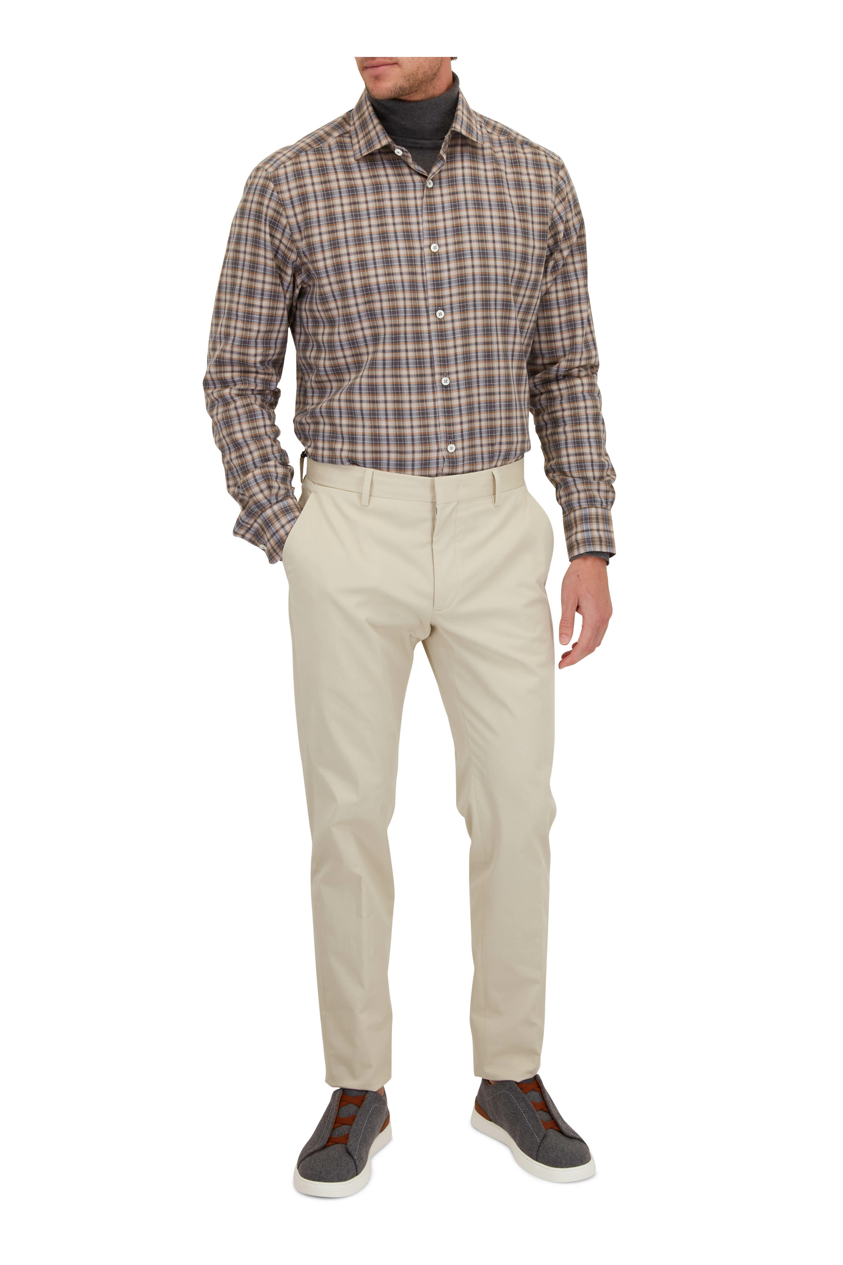 Zegna - Tan & Charcoal Plaid Cotton Sport Shirt | Mitchell Stores