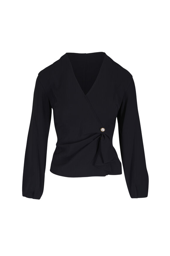 Veronica Beard Drew Black Crepe Faux Wrap Brooch Top - view 1