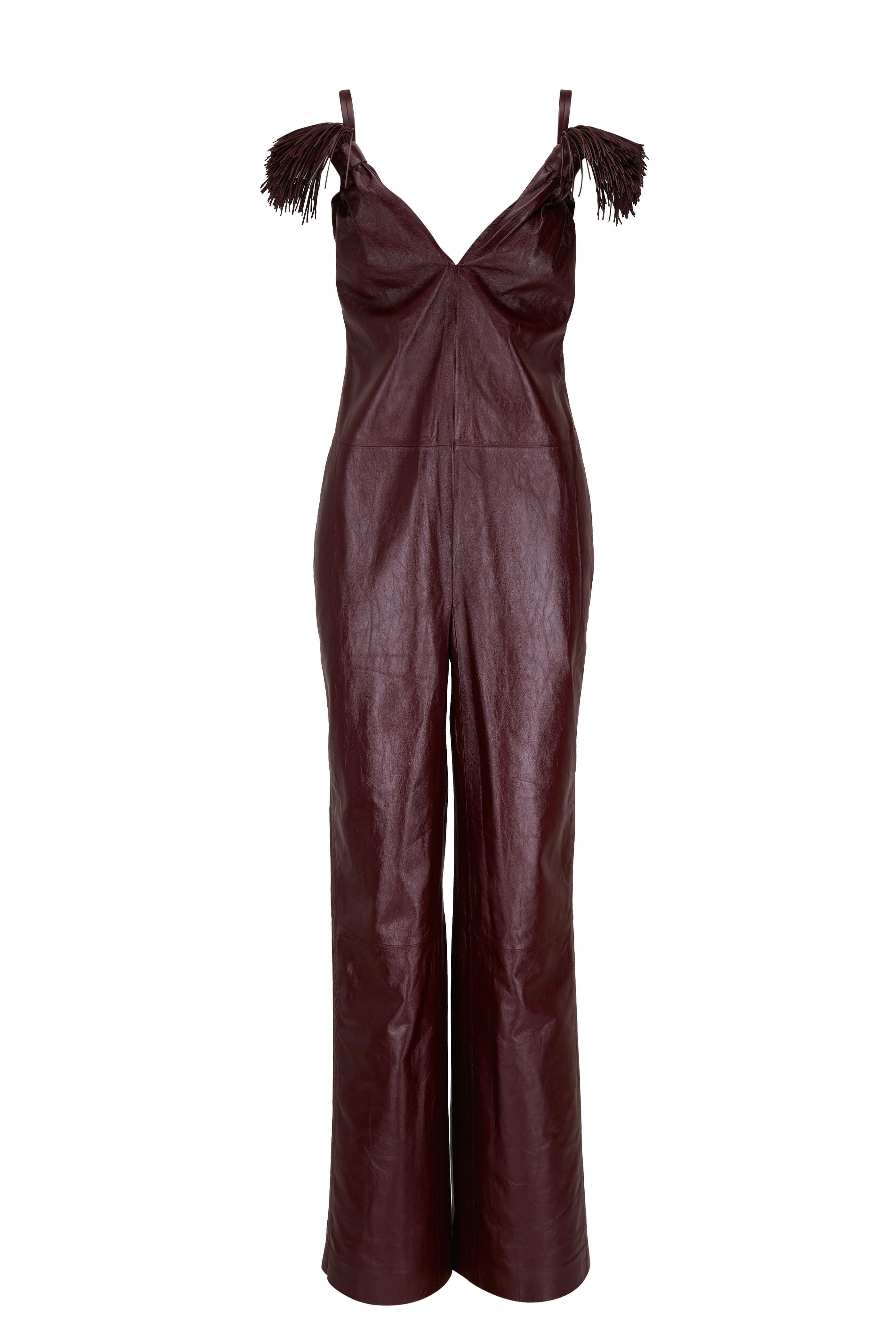 Oxblood Shiny Leather Shoulder Tassel Jumpsuit