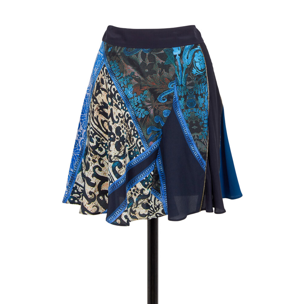 Roberto Cavalli - Blue Gonna Print Silk Flippy Mini Skirt