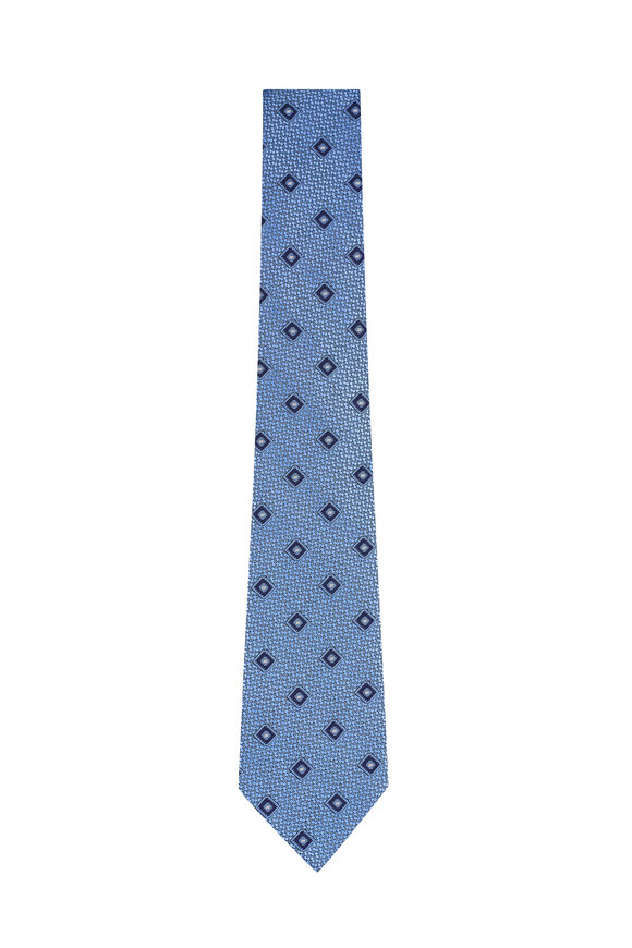 Zegna Light Blue Geometric Print Silk Necktie - view 1