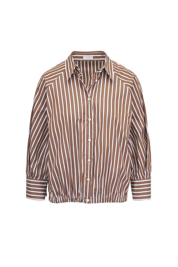 Brunello Cucinelli Brown Cotton Shadow Stripe Cotton Poplin Shirt