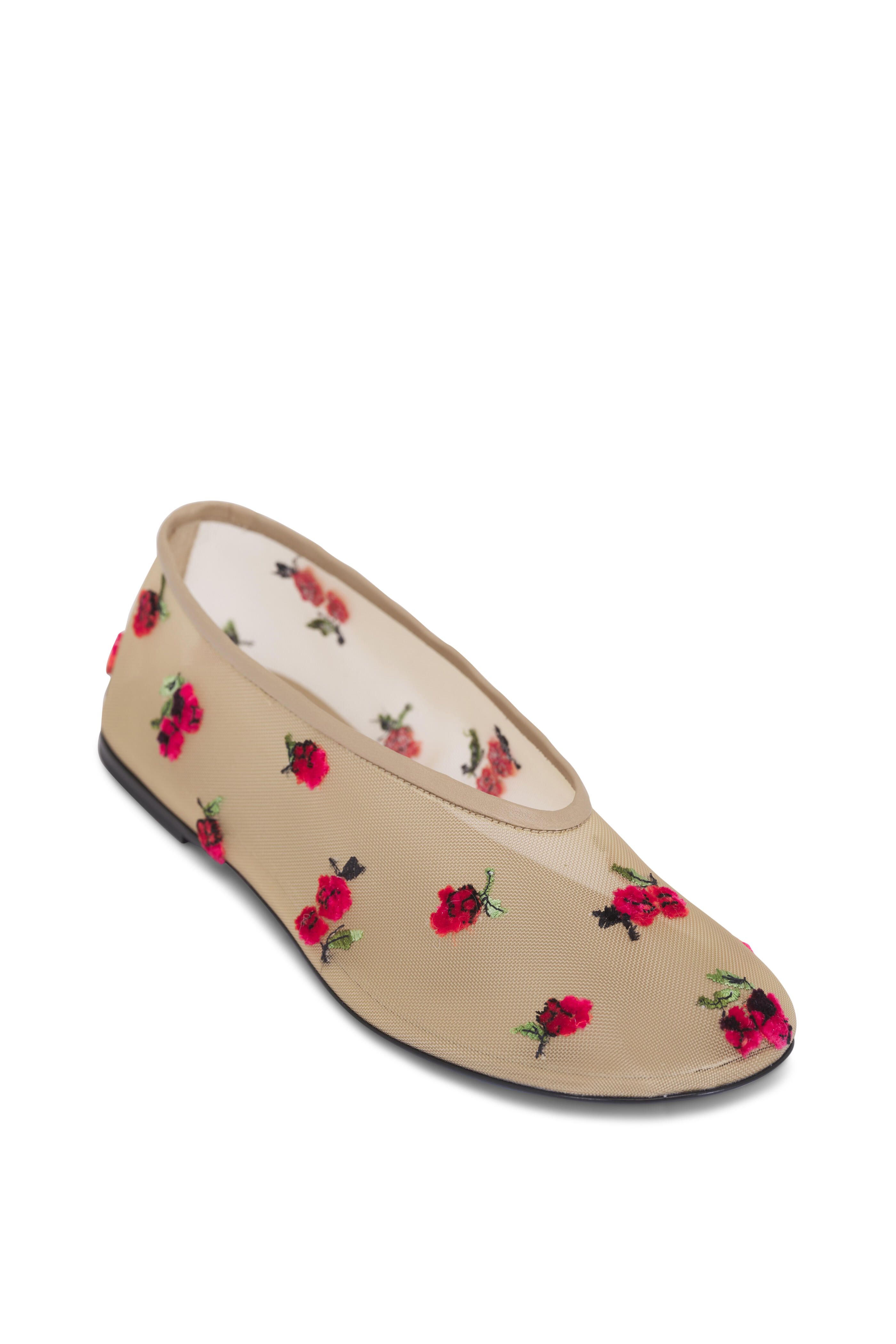 Khaite - Marcy Beige Mesh & Raspberry Embroidered Flat