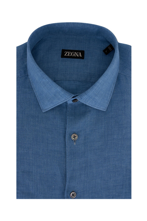 Zegna Ocean Blue Linen Sport Shirt