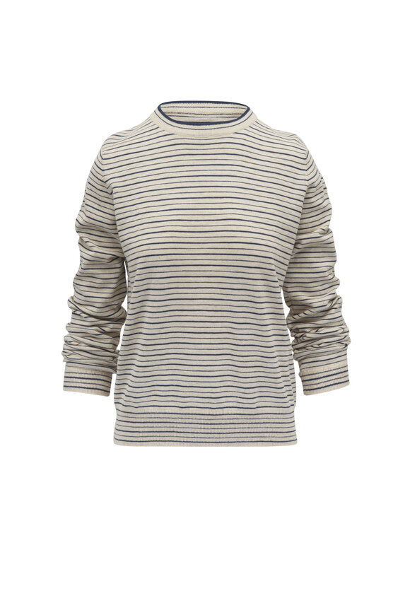 Brunello Cucinelli - Ecru & Blue Stripe Cotton & Linen Sweater