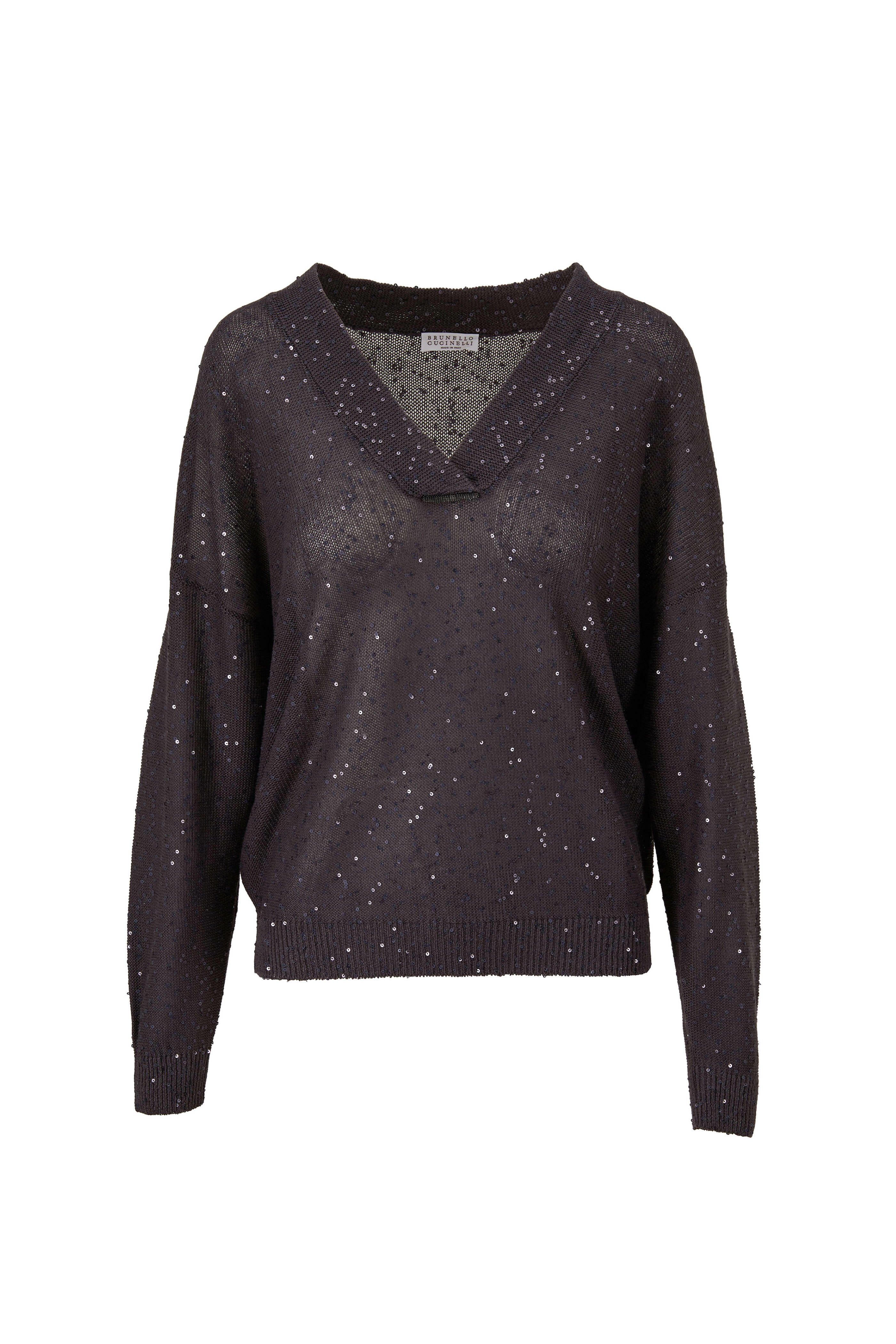 Brunello cucinelli トップス　ダークグレー Brunello Cucinelli - Charcoal Gray Linen & Silk Paillette Sweater