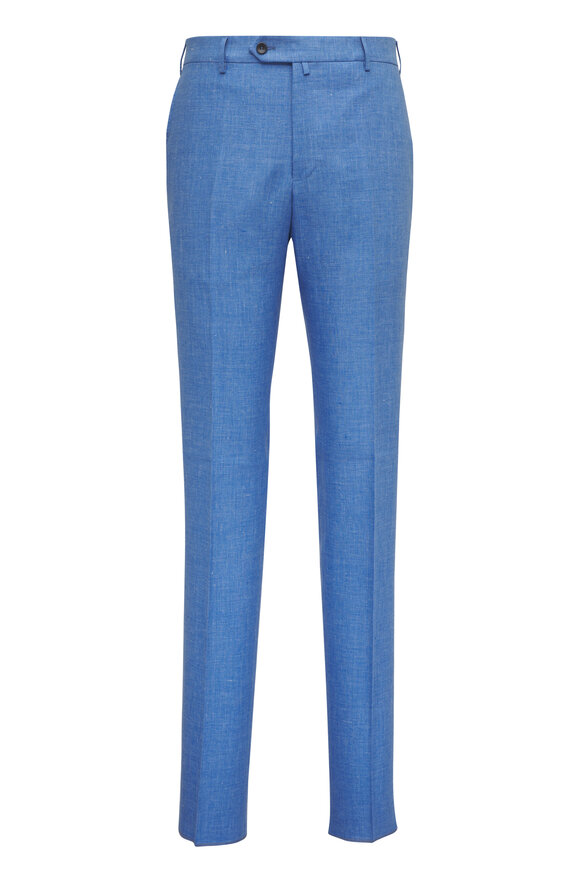Malcom Blue Solid Stretch Linen Pant