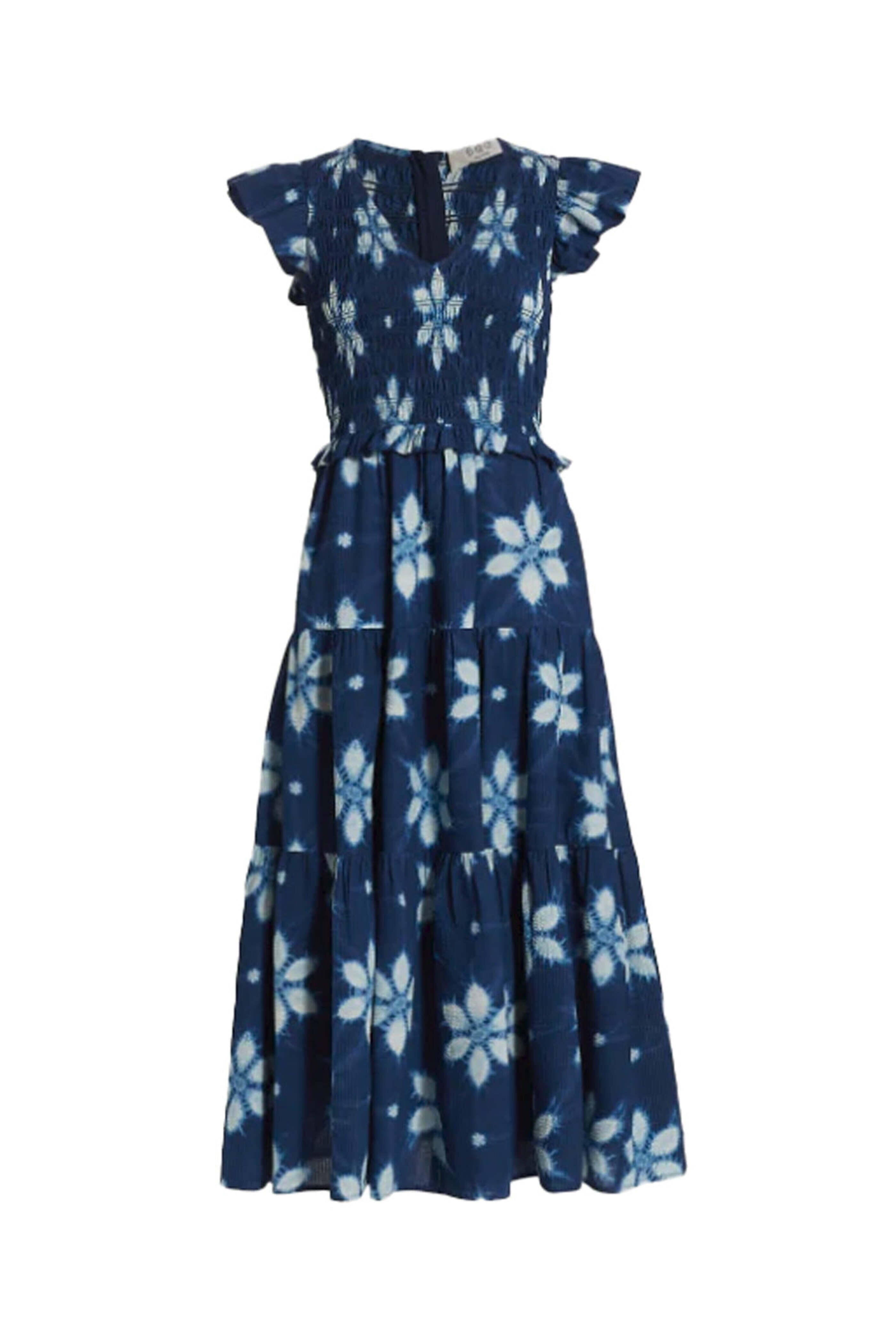 Sea NYC - Navy Isla Print Smocked Tiered Midi Dress