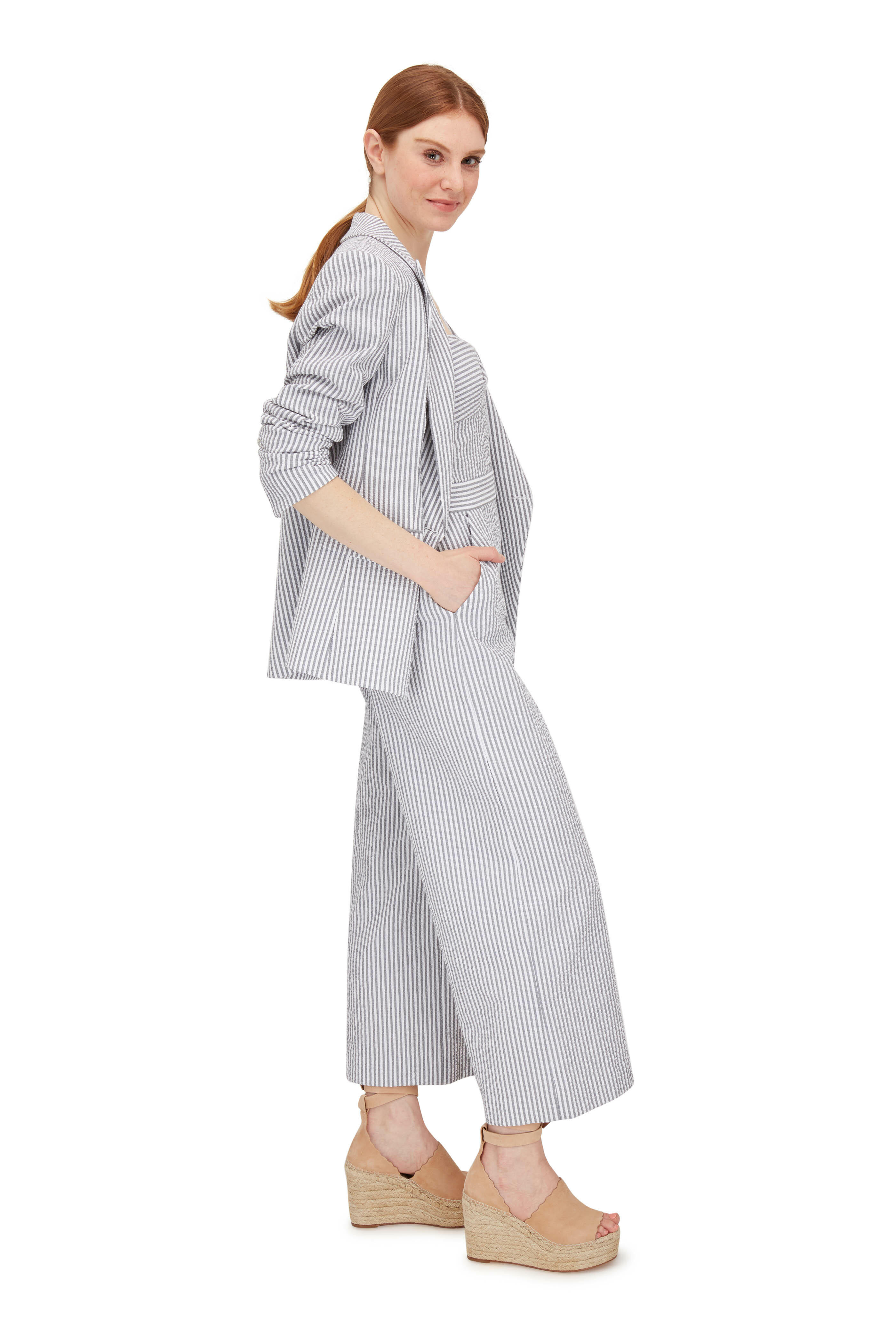 Veronica Beard - Miller Gray & White Striped Double-Breasted Jacket