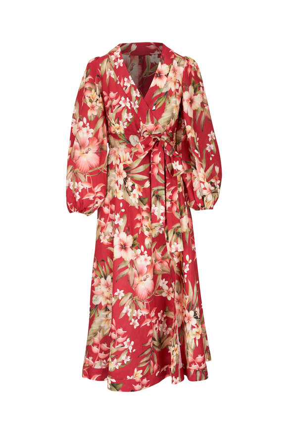 Zimmermann Lexi Red Palm Floral Wrap Long Dress 