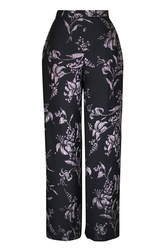 Lela Rose Black Metallic Floral Jacquard Wide Leg Pant