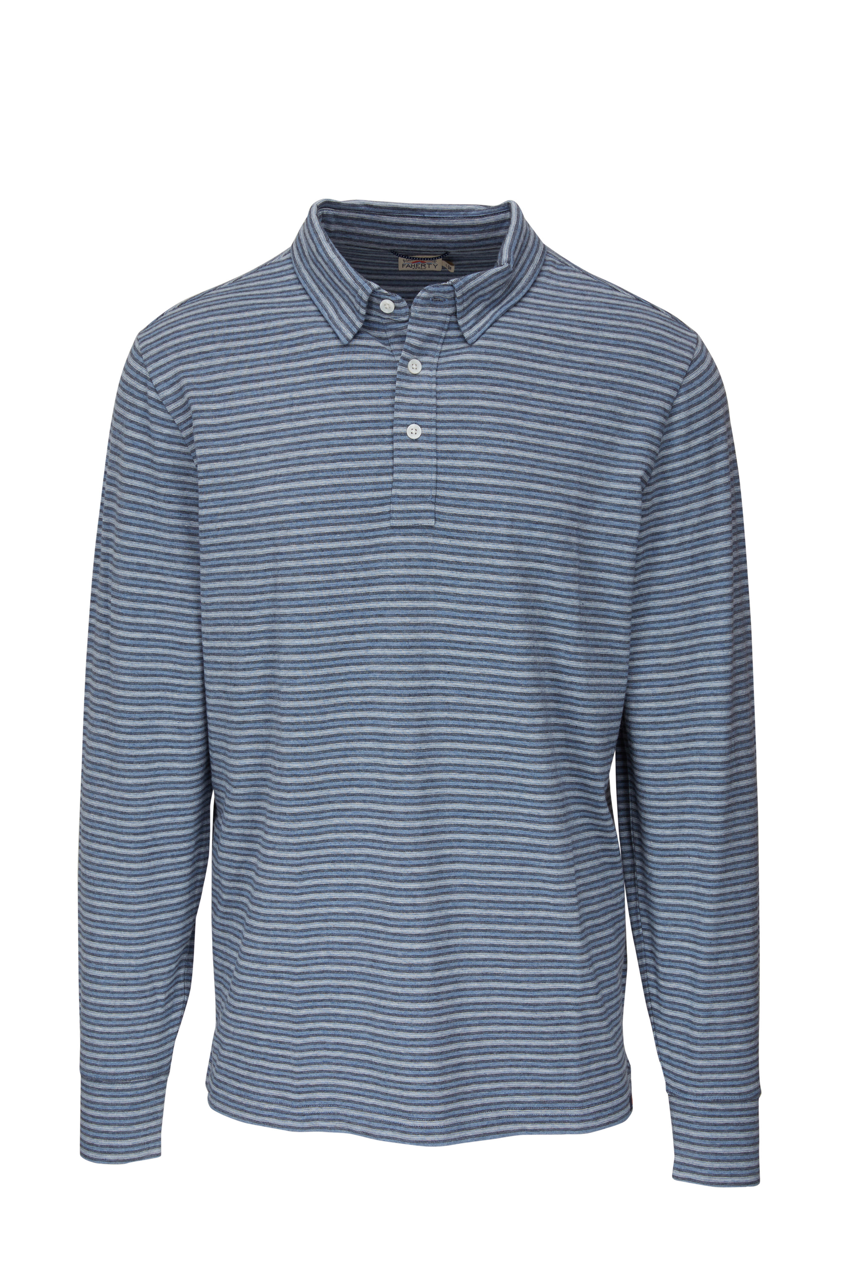 Faherty Brand - Movement™ Blue Bermuda Stripe Long Sleeve Polo - view 1
