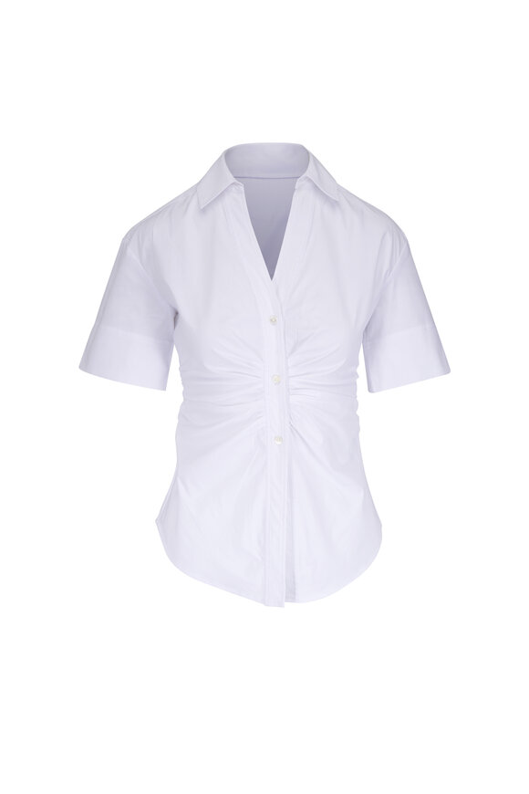 Veronica Beard Devra White Stretch Cotton Ruched Poplin Top