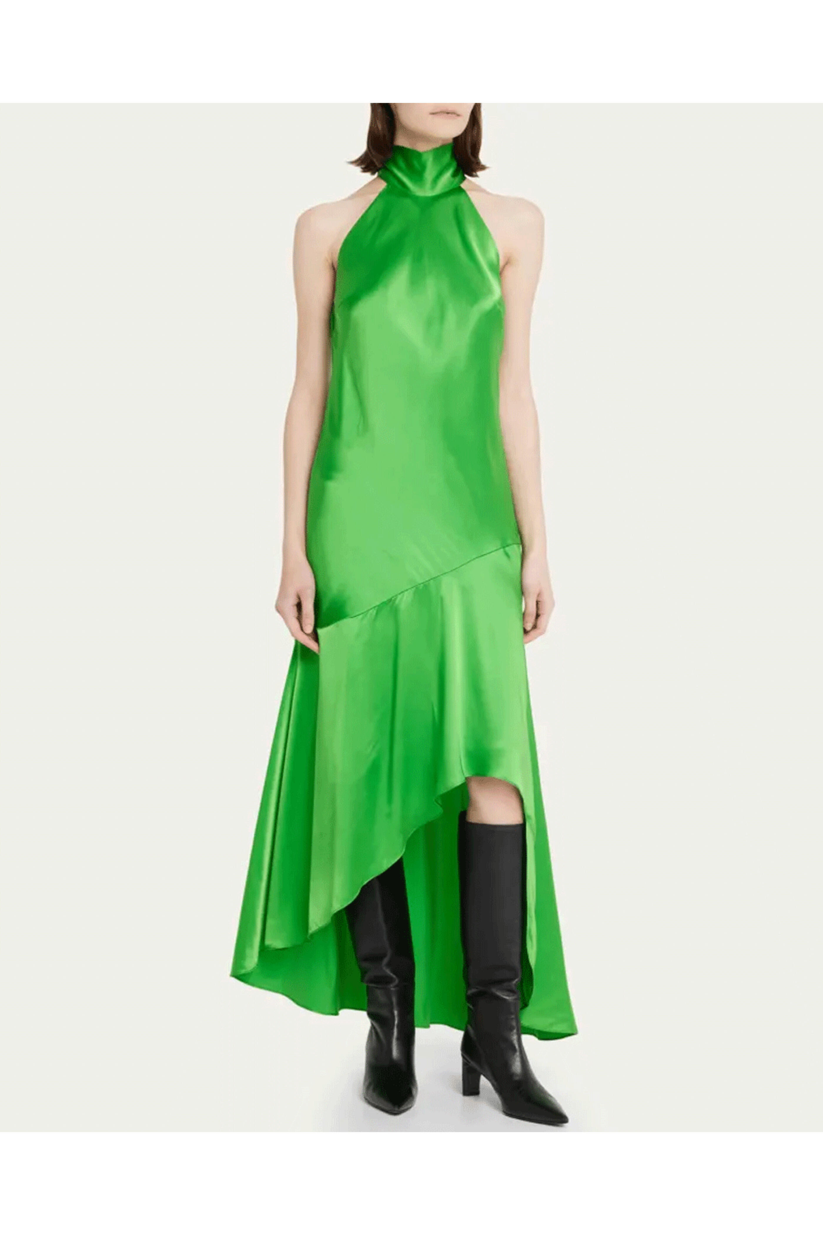 Frame - Bright Peridot Tie Neck Asymmetrical Midi Dress