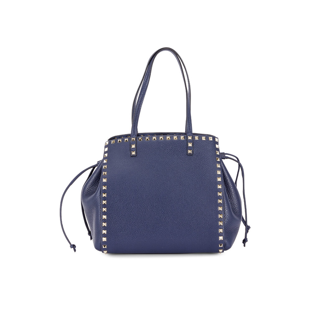 Valentino Garavani Rockstud Navy Blue Leather Drawstring Tote