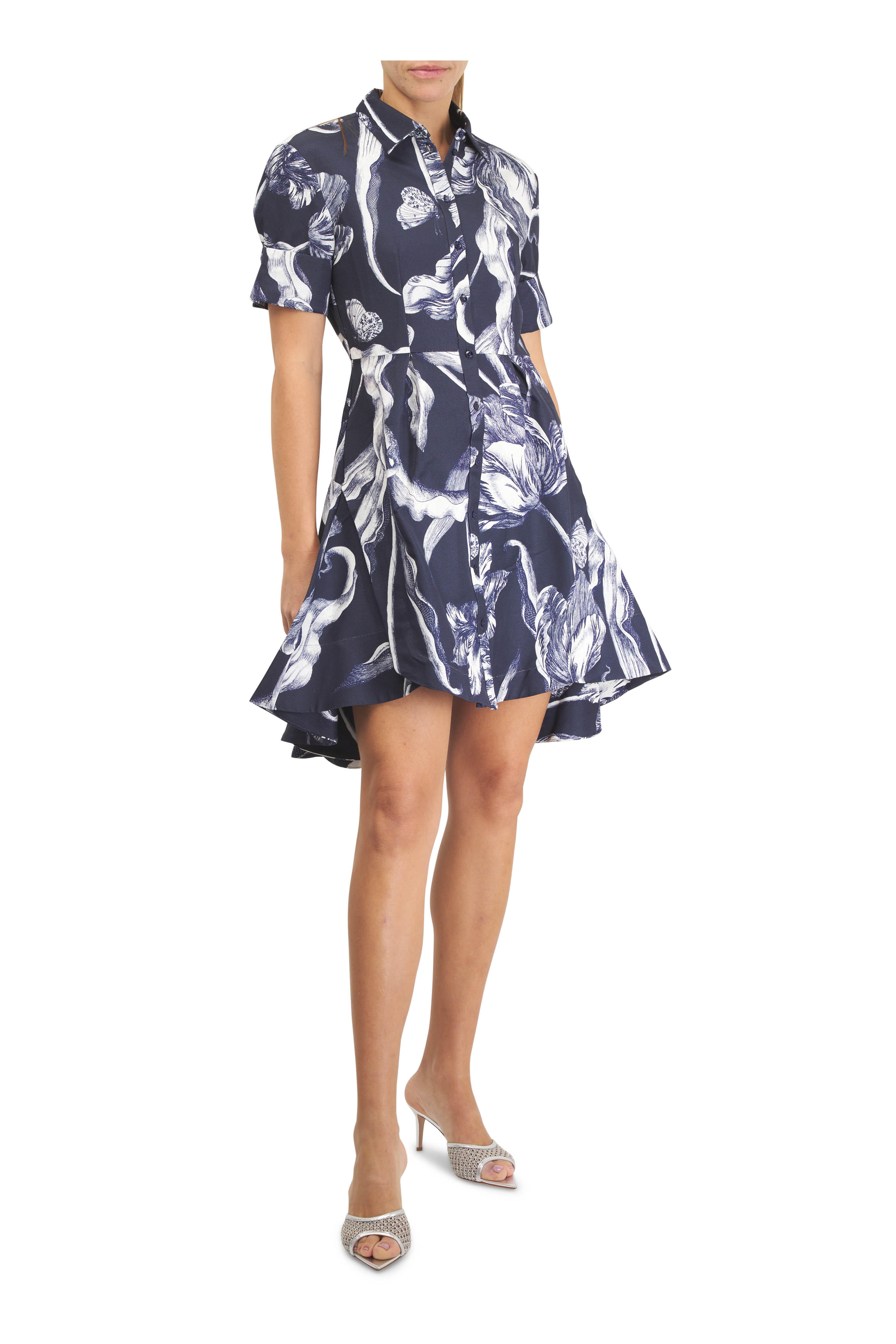 Erdem - Blue Botanical Engraving Mini Shirt Dress