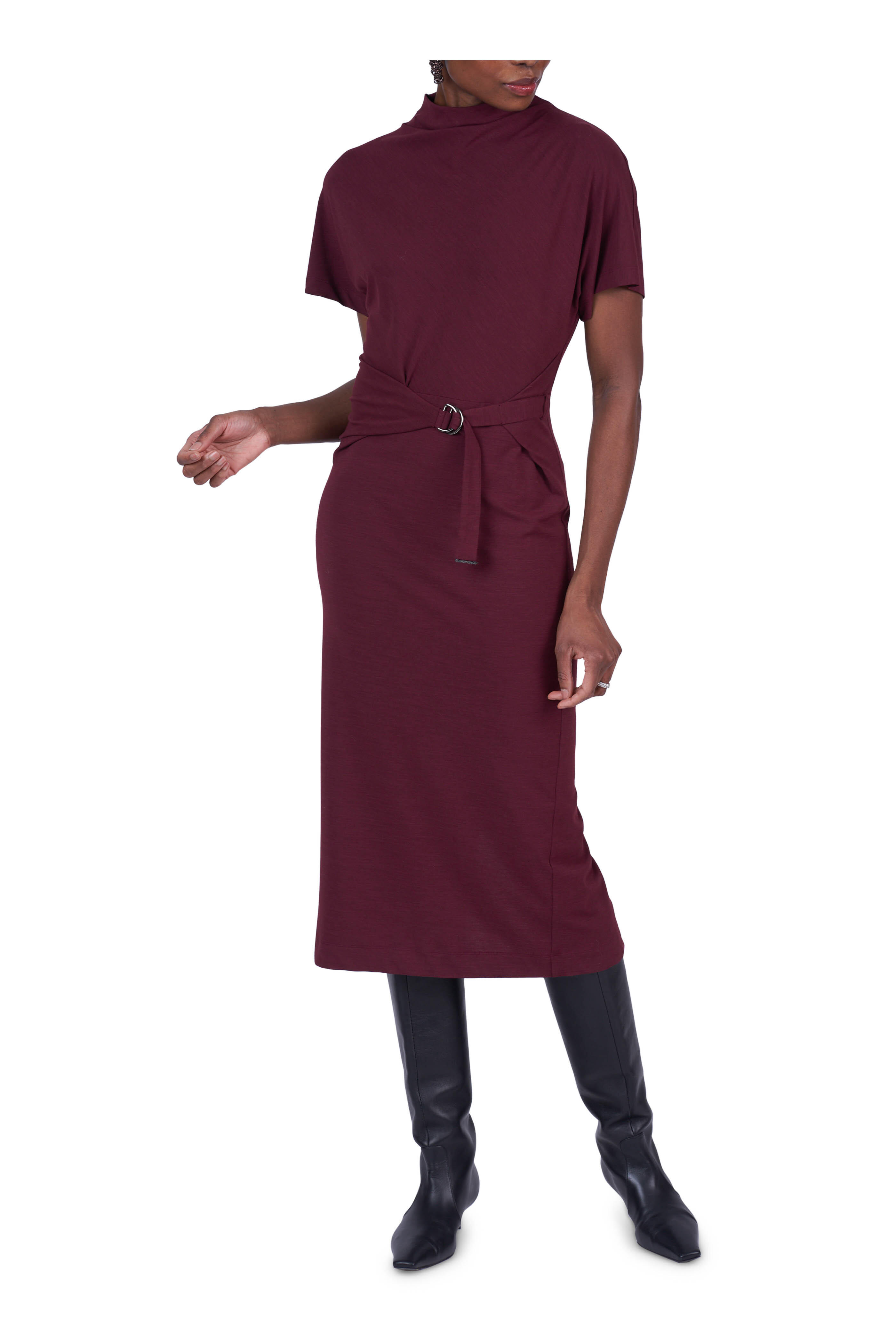 Brunello Cucinelli - Couture Burgundy Belted Midi Dress
