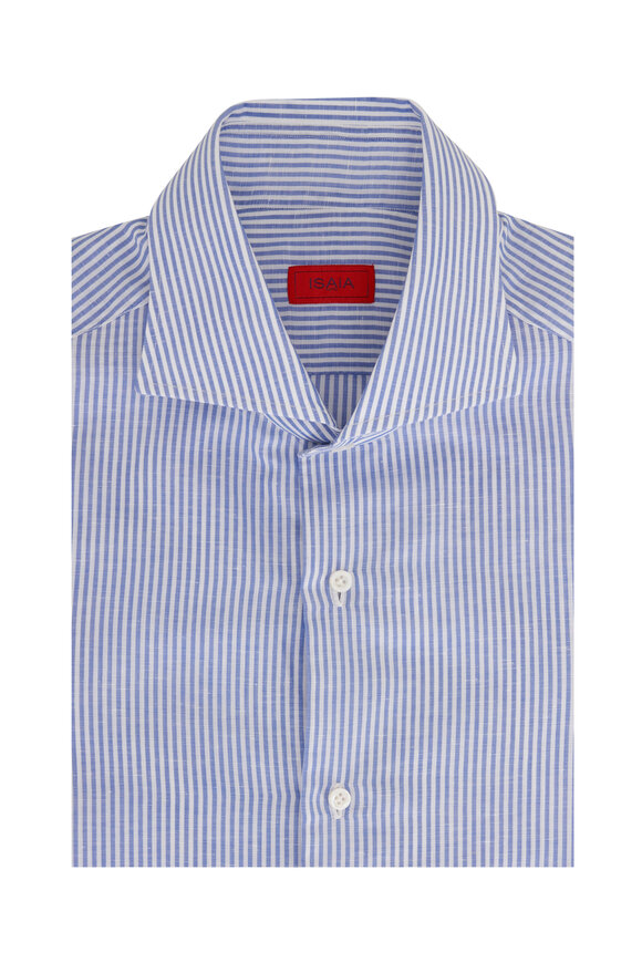 Isaia - Blue Striped Cotton & Linen Dress Shirt 