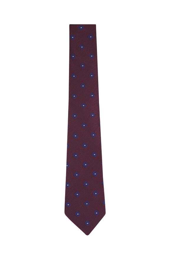 Zegna Dark Red Geometric Print Silk Necktie - view 1