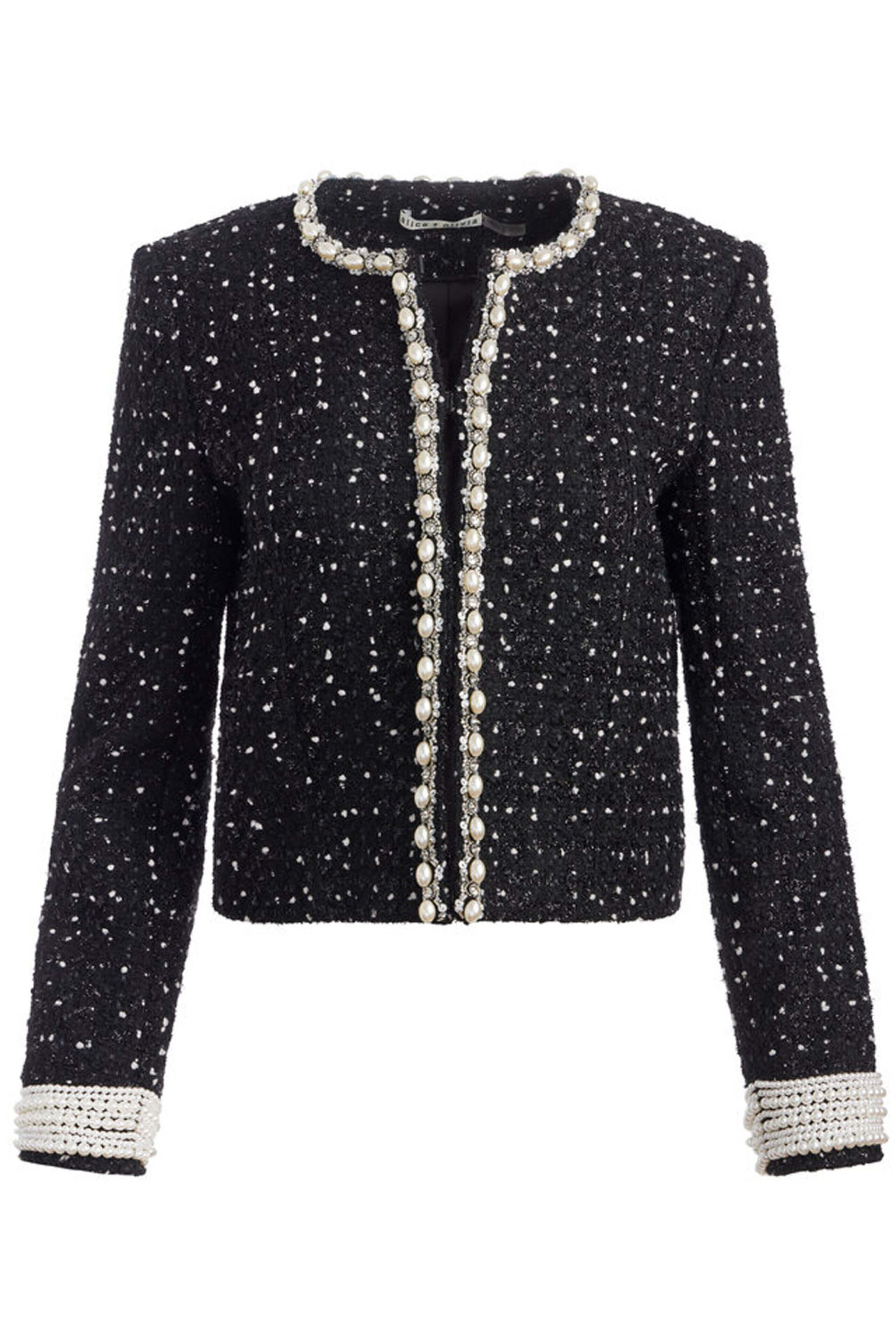 Alice & Olivia - Black and White Embellished Dorian Tweed Jacket