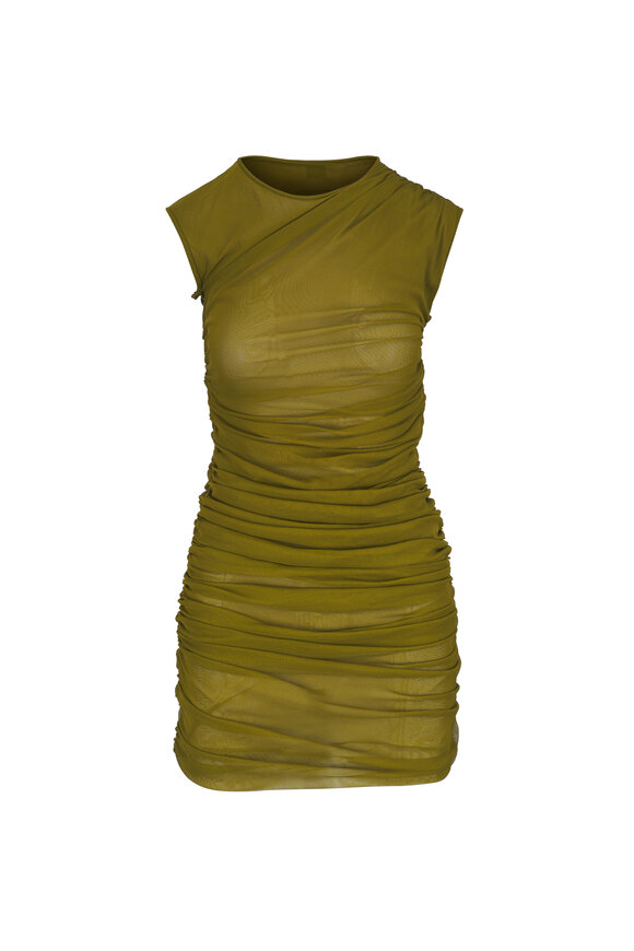 Saint Laurent Mousse Green Ruched Tulle Jersey Mini Dress