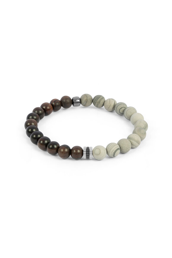 Tateossian Gear Trio Beaded Ebony Grey Wood Jasper  Bracelet