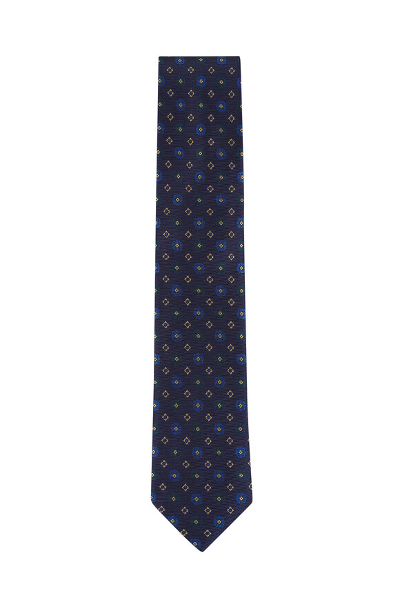 Eton Navy Geometric Print Woven Silk Necktie