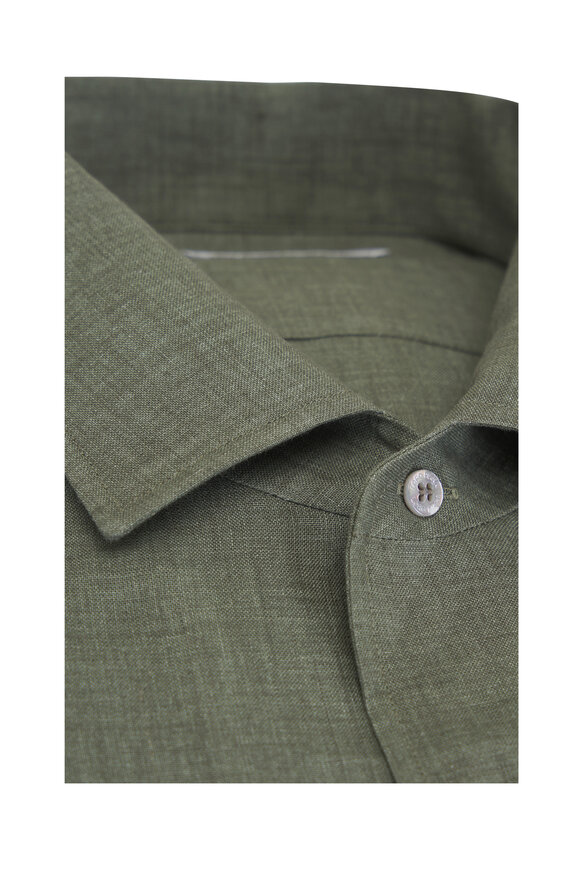 Loro Piana André Solid Green Linen Sport Shirt - view 2