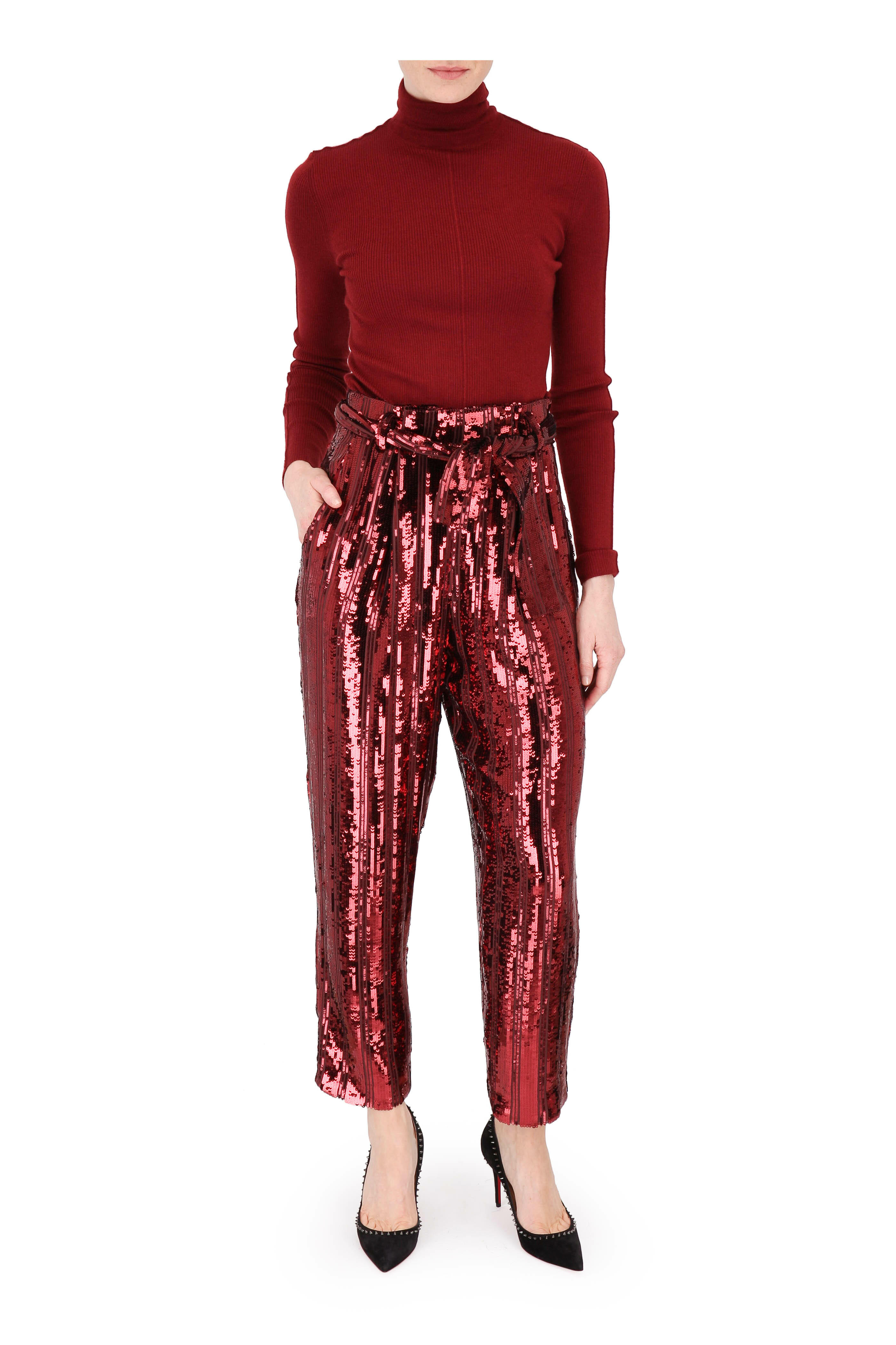 LaPointe - Crimson Stripe Sequined Tapered Belted Pant