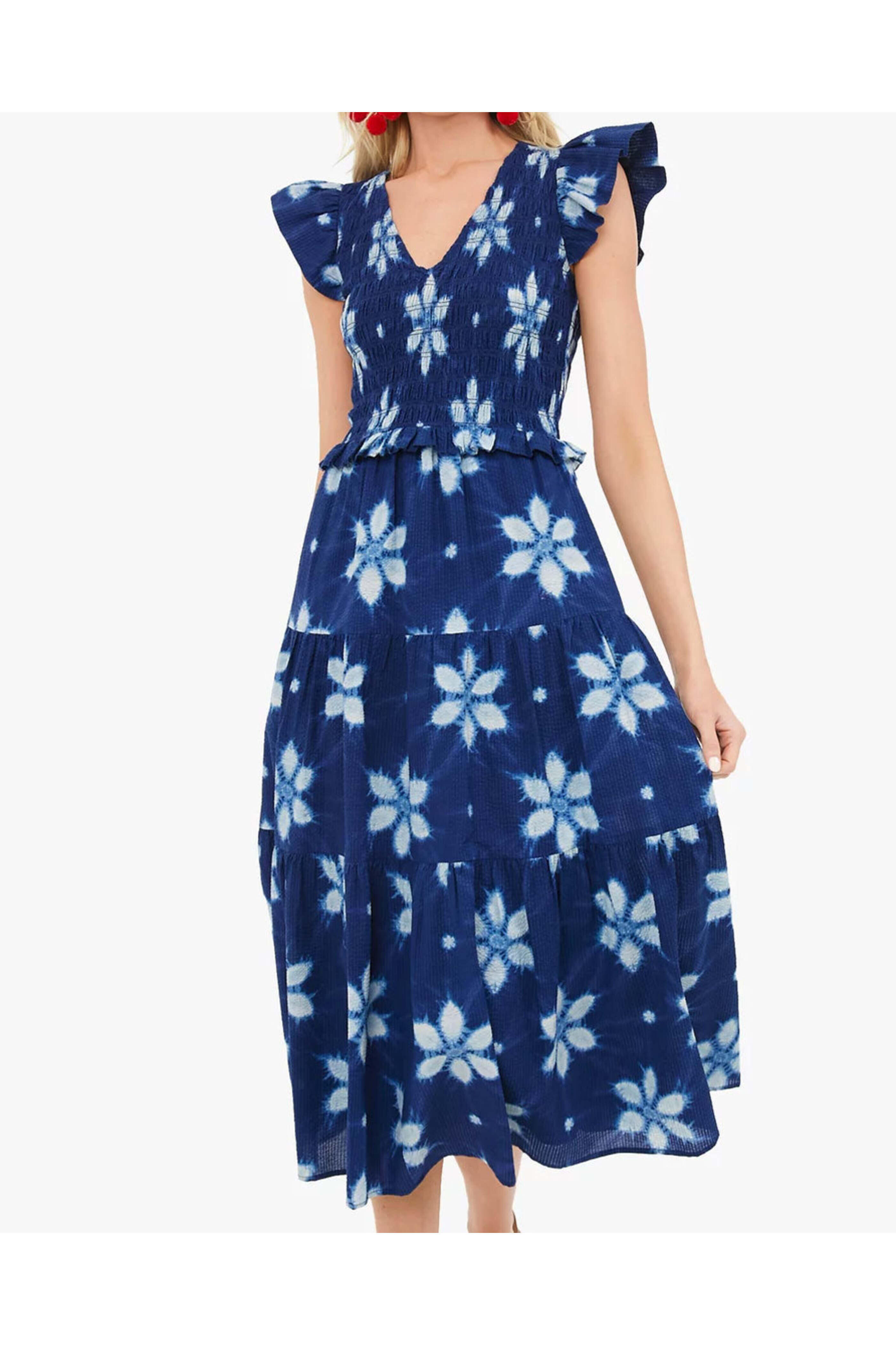 Sea NYC - Navy Isla Print Smocked Tiered Midi Dress