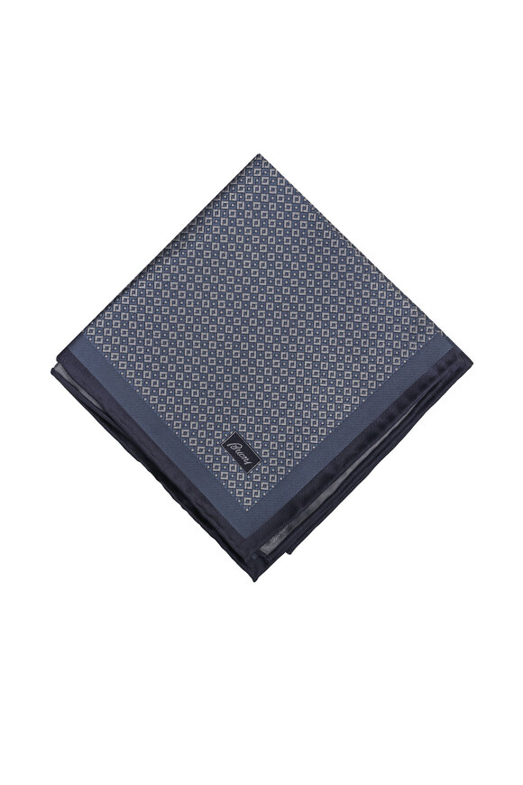 Brioni Navy Blue Micro Motif Silk Pocket Square