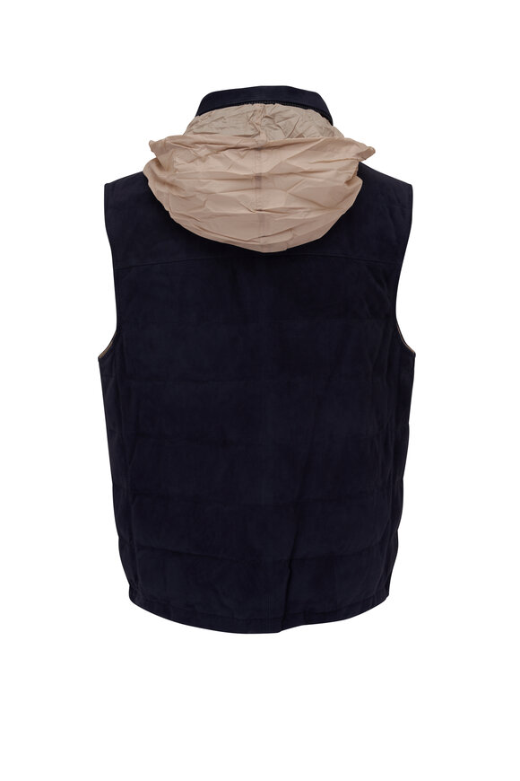 Brunello Cucinelli Navy Suede Down Puffer Vest - view 5