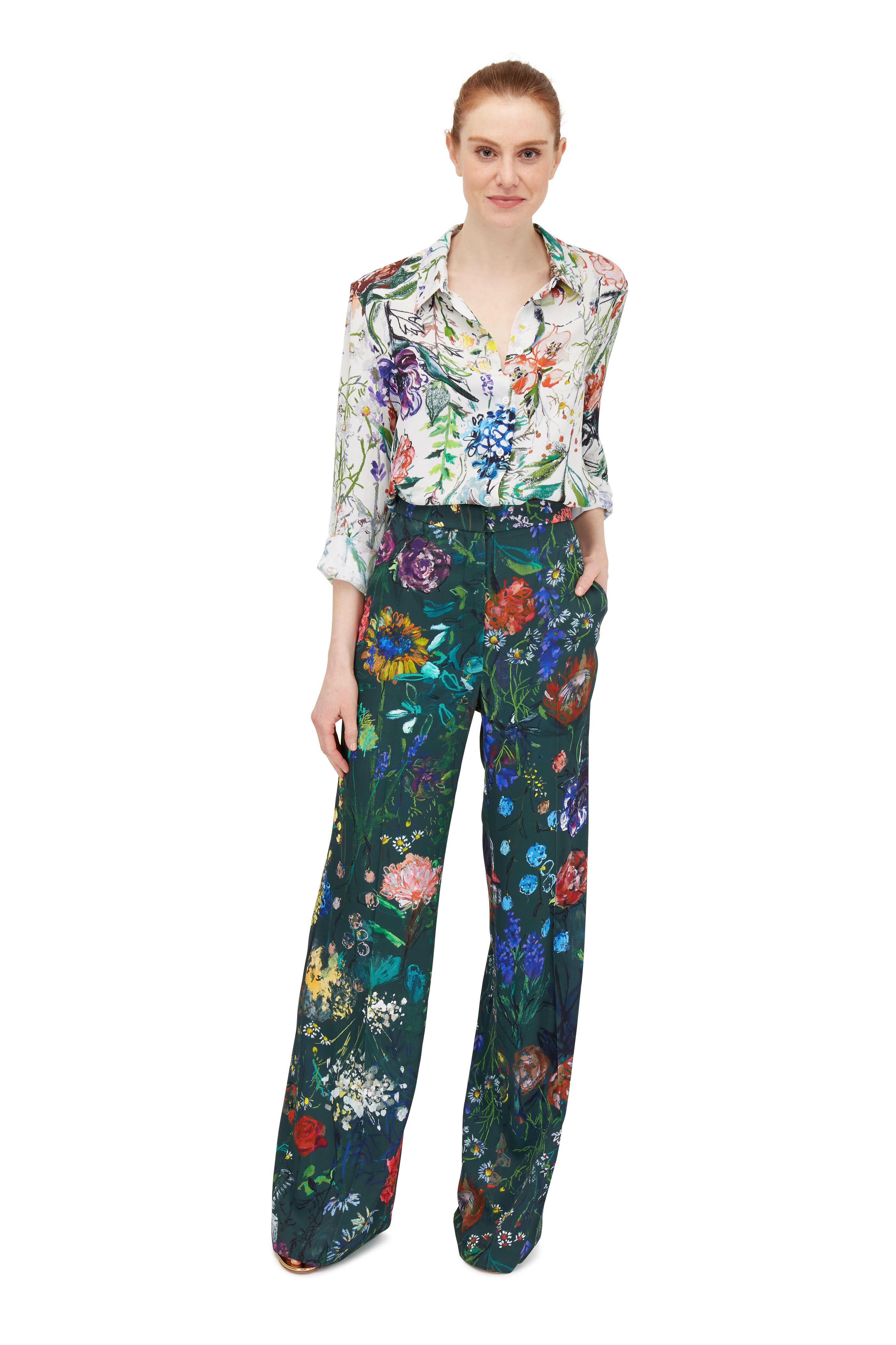 Lela Rose - Maggie Green Multi Floral Printed Wide Leg Pant
