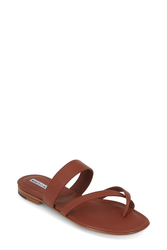 Manolo Blahnik - Susa Luggage Leather Toe Ring Flat Sandal
