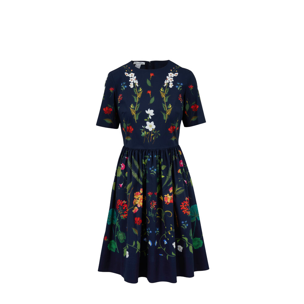 Oscar de la Renta Navy Floral Printed Fit Flare Dress