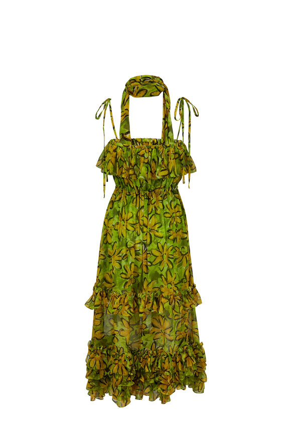 Michael Kors Collection - Green & Yellow Silk Chiffon Daisy Floral Sundress