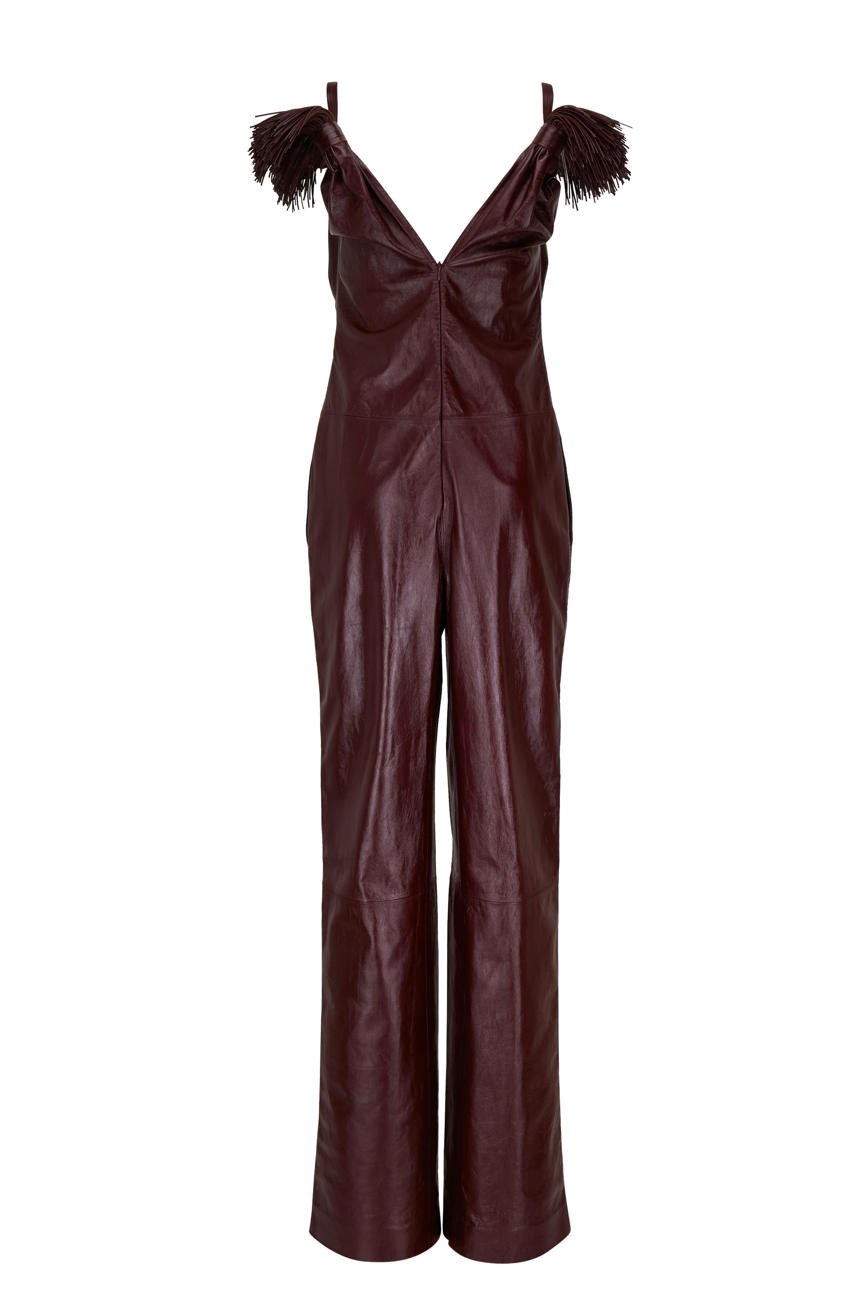 Bottega Veneta - Oxblood Shiny Leather Shoulder Tassel Jumpsuit