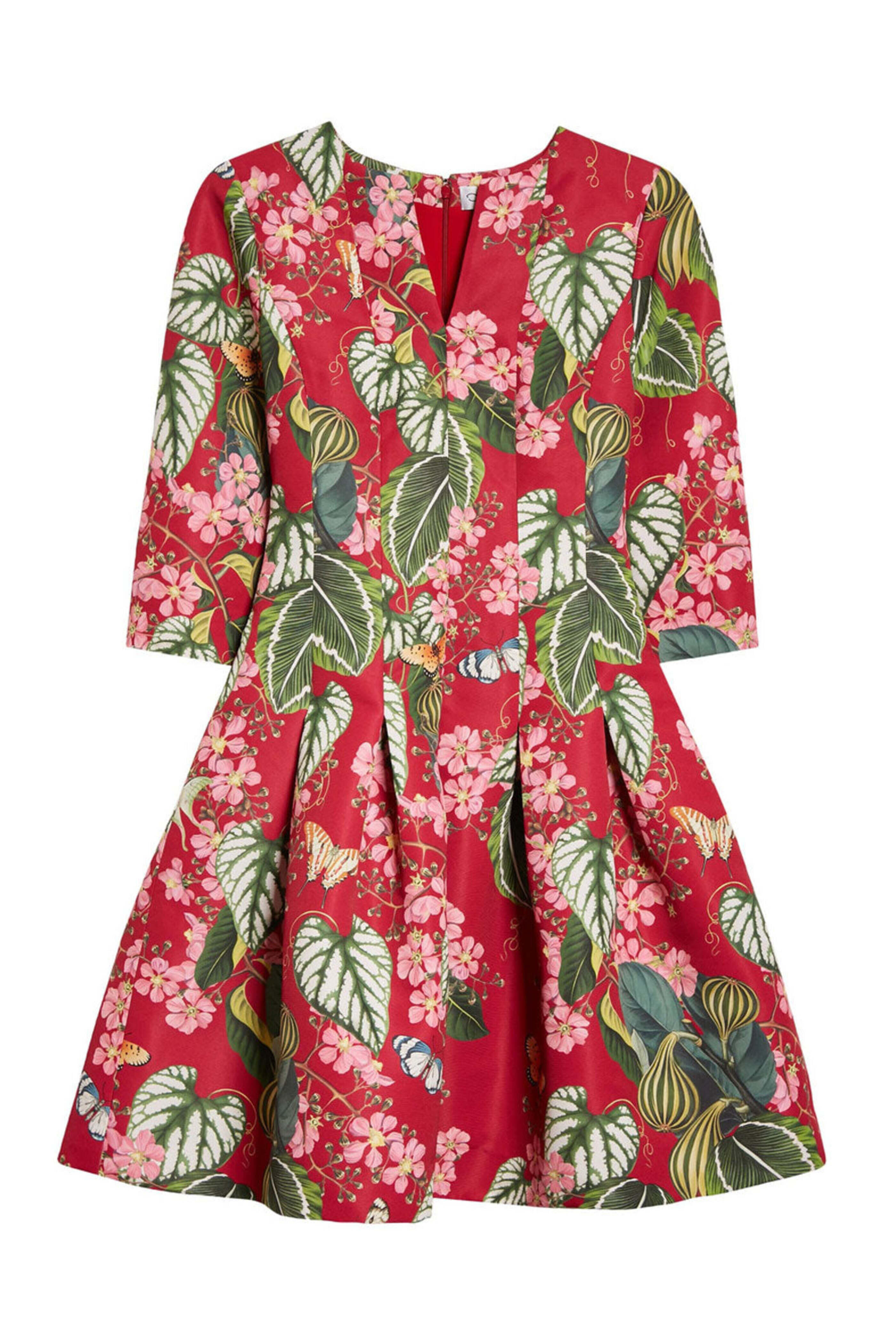 Oscar de la Renta - Ruby Mixed Botanical Split Neck Flare Dress
