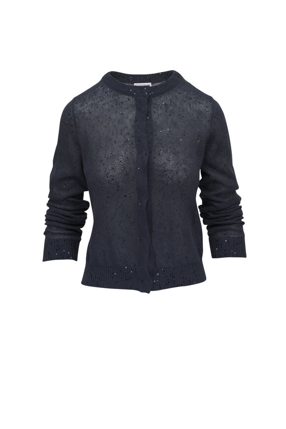 Brunello Cucinelli - Dark Blue Linen & Silk Paillette Cropped Cardigan