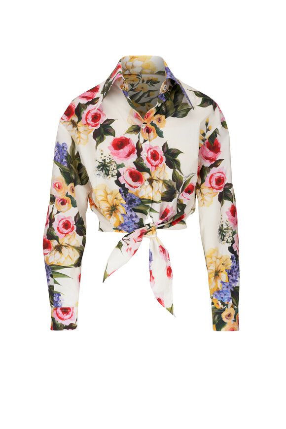 Dolce & Gabbana White Flower Print Poplin Tie Front Shirt