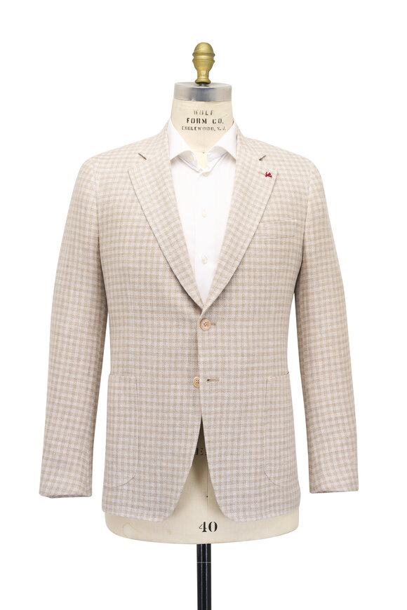 Isaia Tan Check Linen, Wool & Silk Sportcoat - view 3