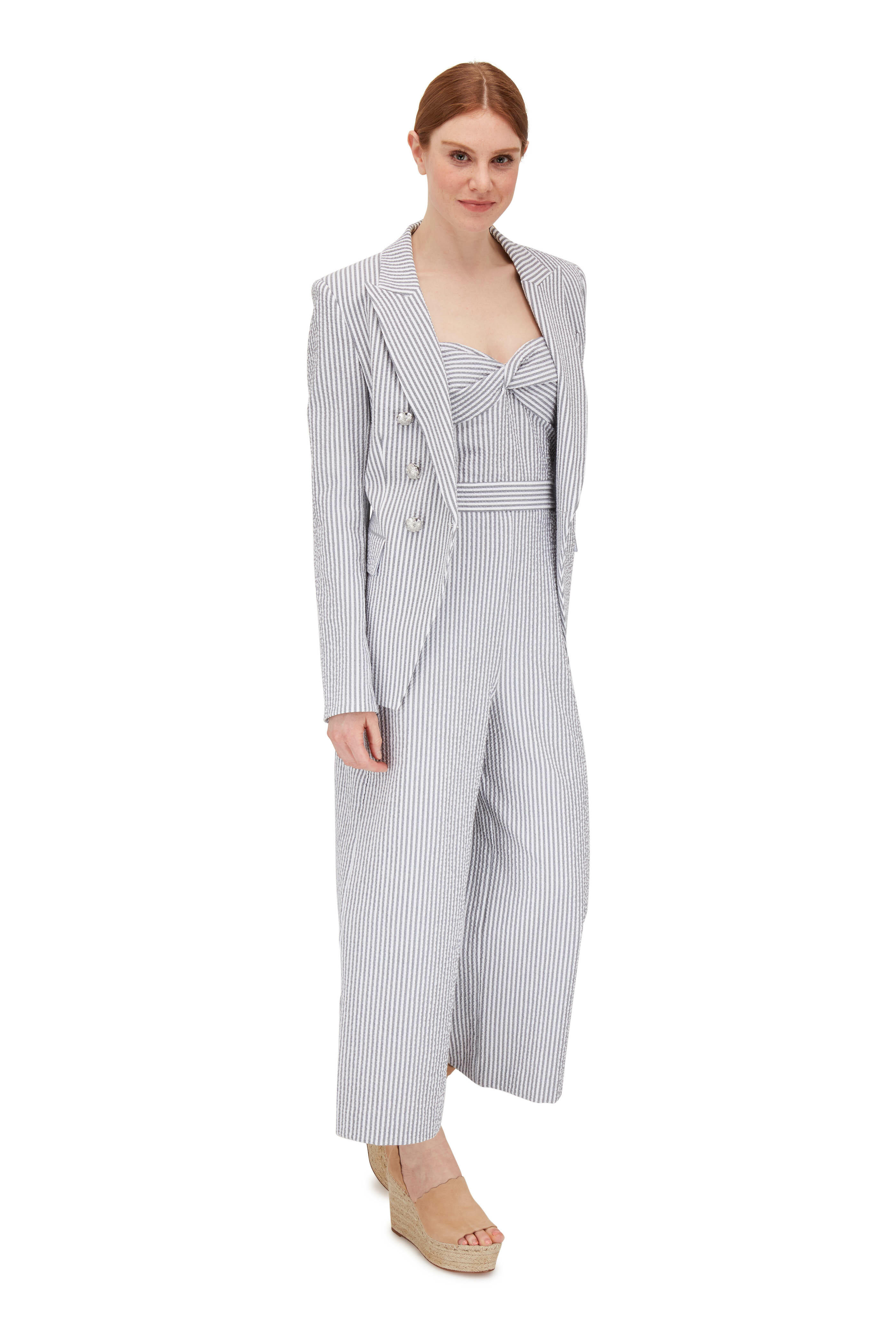 Veronica Beard - Miller Gray & White Striped Double-Breasted Jacket