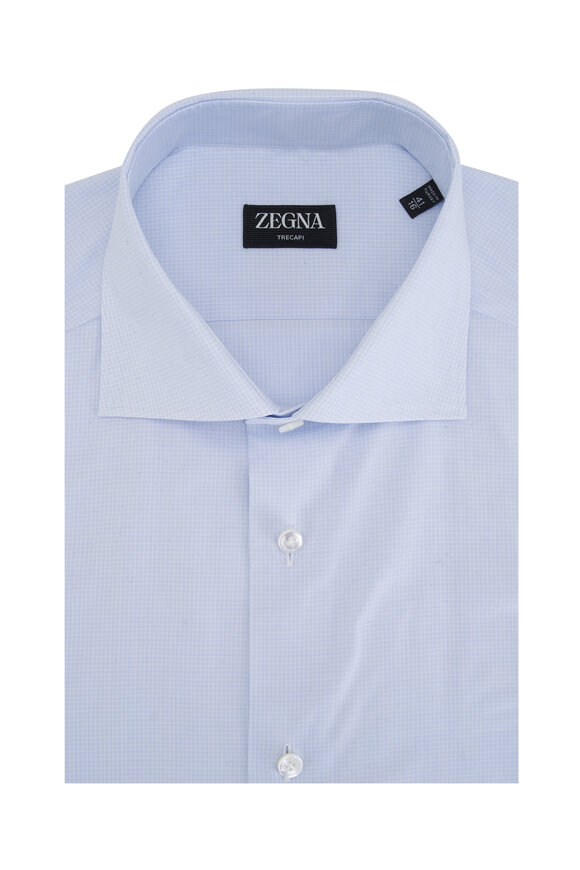 Zegna Blue Microcheck Cotton Dress Shirt 