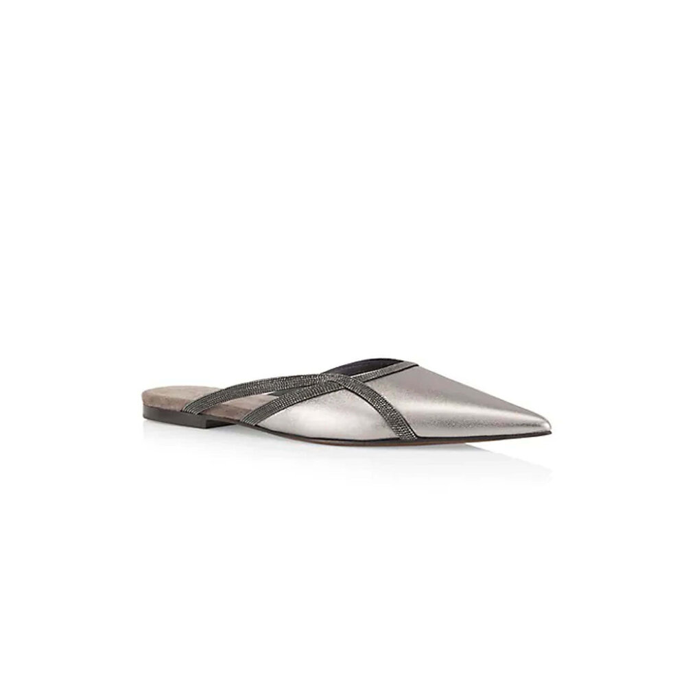 Brunello Cucinelli - Monili Metallic Leather Mules in Silver